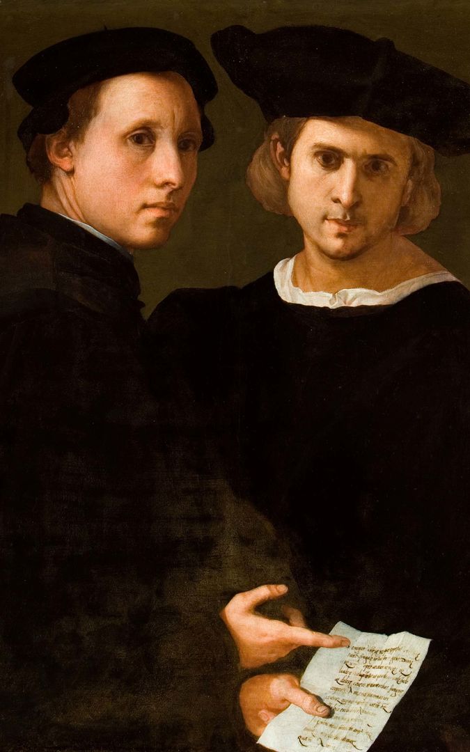 Detail of a painted portrait of two friends wearing dark attire and facing one another while looking directly at us; the image itself takes the shape of a long rectangle with curved edges like a mobile smart phone and floats against a color gradient background transitions from dark purple to antiqued gold, picking up on the colors in the portrait